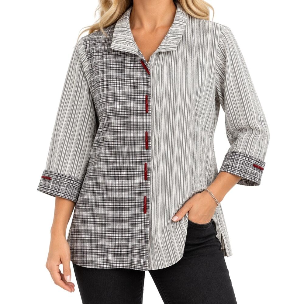 Ali Miles 0X Gray Red Wearable Art Unique Abstract Blouse Shirt Top Artsy